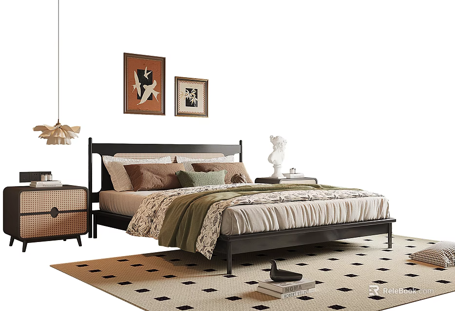 Bedroom Interior Design With Wooden Bed Pillows Area Rug Wall Paintings And Pendant Light 3d model 