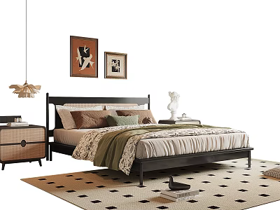 Bedroom Interior Design With Wooden Bed Pillows Area Rug Wall Paintings And Pendant Light 3d model