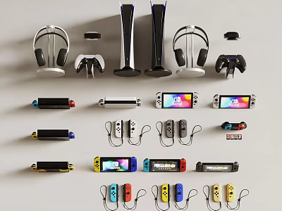 Gaming Equipment Display With Consoles Controllers Headphones And Handheld Devices 3d model