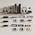 Gaming Equipment Display With Consoles Controllers Headphones And Handheld Devices