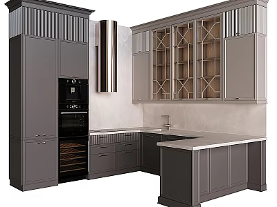 Modern Kitchen Interior With Gray Cabinets Glass Door Design Wine Rack And Island Countertop 3d model