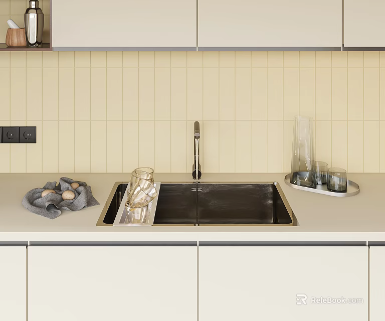 Stainless Steel Kitchen Sink with Brushed Faucet in Modern Kitchen on Beige Countertop and Glassware 3d model 
