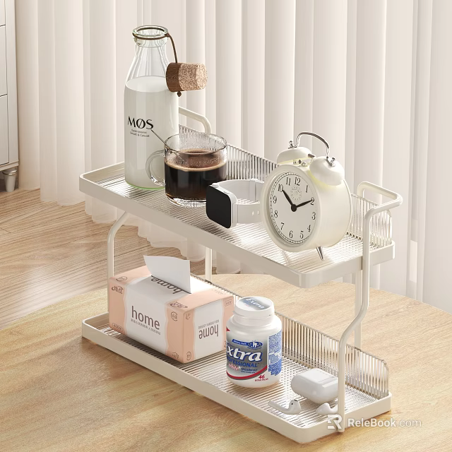 White Metal Two Tier Storage Rack With Various Daily Items 3d model 