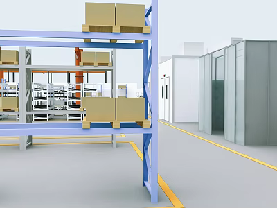 Industrial Warehouse Interior with Storage Racks Boxes Forklift and Swing Door 3d model