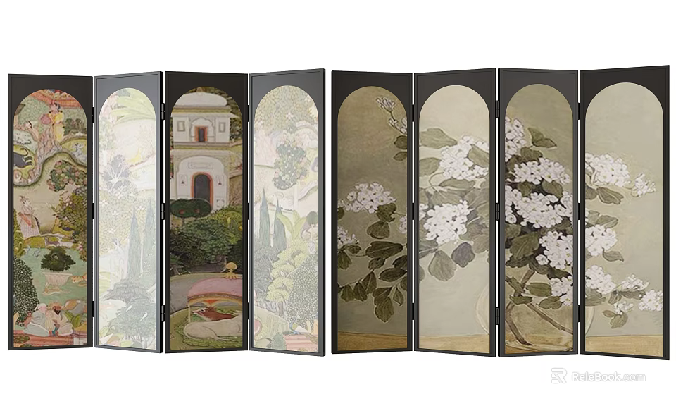 Artistic Multi Panel Screen With Garden Scenery Floral Patterns And Architectural Designs 3d model 