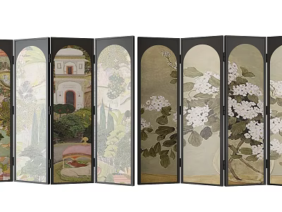 Artistic Multi Panel Screen With Garden Scenery Floral Patterns And Architectural Designs 3d model