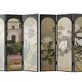 Artistic Multi Panel Screen With Garden Scenery Floral Patterns And Architectural Designs 3d model