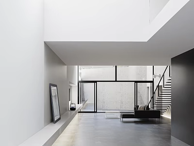 Elegant Modern Living Room Interior With Open Concept Large Windows Black Sofa And Gray Flooring 3d model