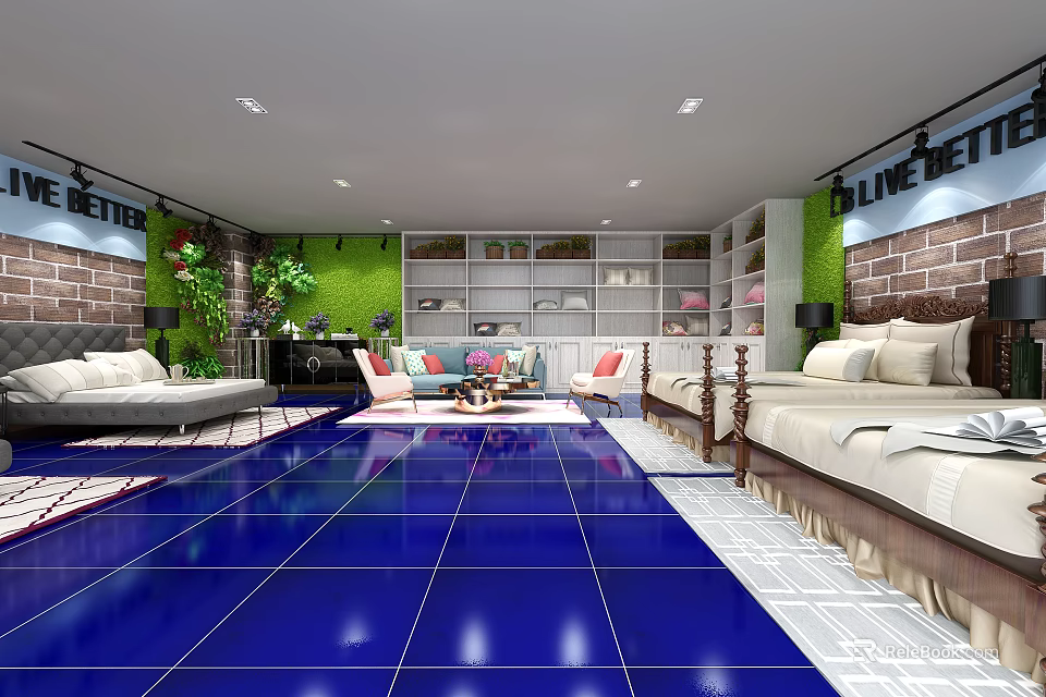 Blue Better Specialty Store Interior With Blue Floor Tiles Green Plants And Sofas 3d model 