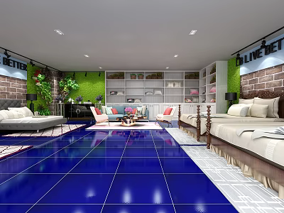 Blue Better Specialty Store Interior With Blue Floor Tiles Green Plants And Sofas 3d model