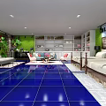 Blue Better Specialty Store Interior With Blue Floor Tiles Green Plants And Sofas