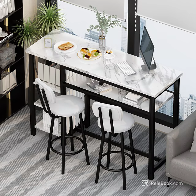 Modern Office Desk With Marble Top Computer Fruit Plate And White Bar Stools 3d model