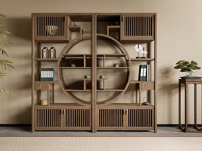 Traditional Chinese Wooden Bogu Shelf With Circular Design Multiple Shelves And Decorative Ornaments 3d model