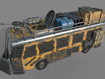 Modified Armored Combat Car With Roof Mounted Weapon Fuel Barrels And Cargo Boxes 3d model