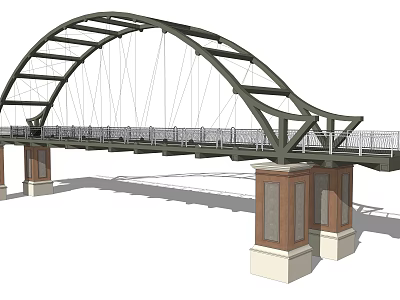 Modern Arch Bridge Design With Metal Frame Suspension Cables And Stone Piers 3d model