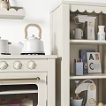 White Play Kitchen Cabinets With Shelf Kettle Mugs Books And Decor