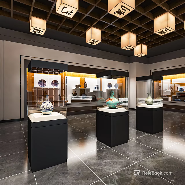 Cultural Center Interior With Traditional Lanterns And Display Cases Exhibiting Cultural Artifacts 3d model 