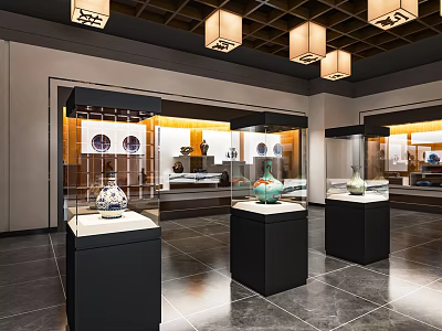 Cultural Center Interior With Traditional Lanterns And Display Cases Exhibiting Cultural Artifacts 3d model