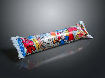 Vibrant Colorful Long Snack Bar With Cartoon Characters On Packaging Design 3d model