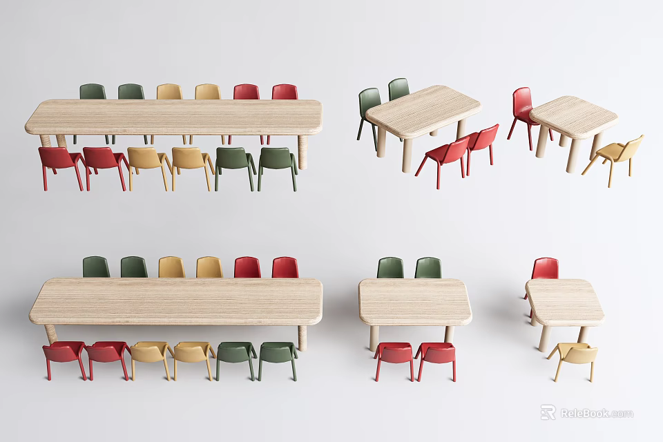 Wooden Children's Table and Chairs Set with Colorful Design and Various Sizes 3d model 