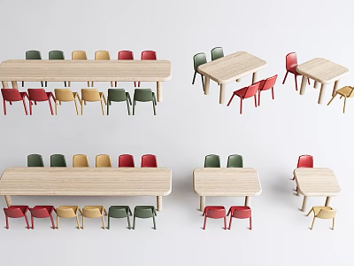 Wooden Children's Table and Chairs Set with Colorful Design and Various Sizes 3d model