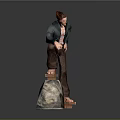 Man in green jacket brown pants standing one foot on rock on hexagonal cracked platform