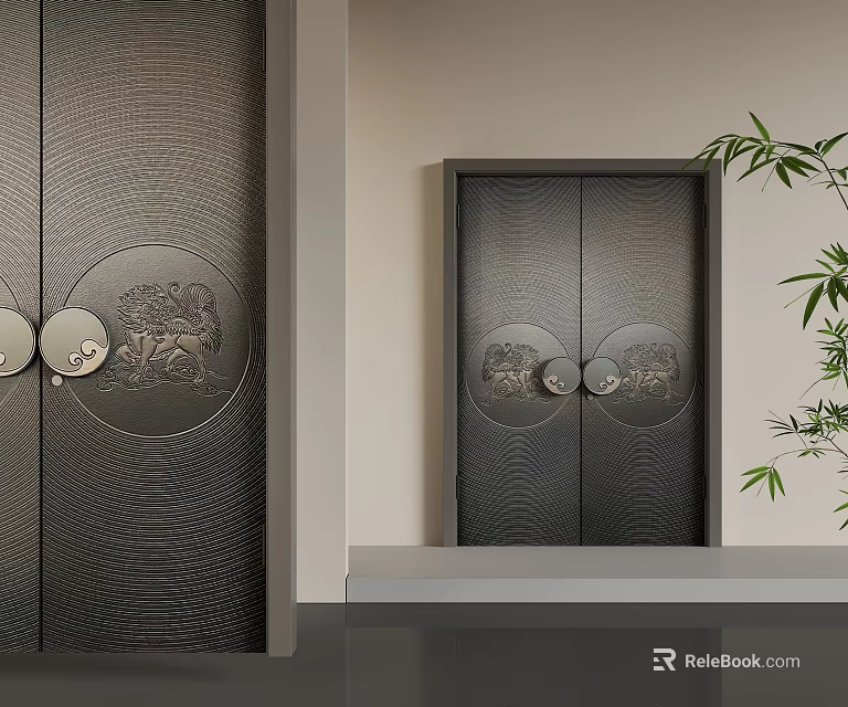 Modern Dark Colored Security Door With Textured Surface Decorative Circular Motifs And Metal Handles 3d model 