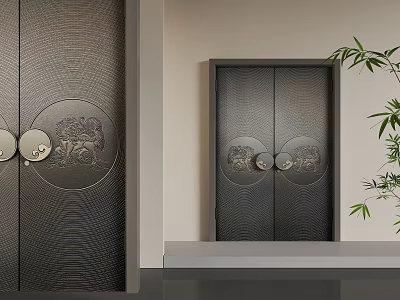 Modern Dark Colored Security Door With Textured Surface Decorative Circular Motifs And Metal Handles 3d model