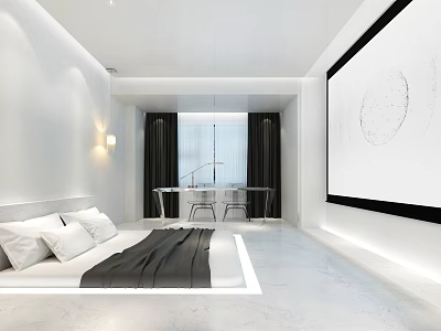 Modern Hotel Room Interior With White Walls Black Curtains Bed Table Chairs And Projection Screen 3d model