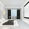 Modern Hotel Room Interior With White Walls Black Curtains Bed Table Chairs And Projection Screen