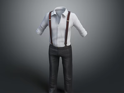Stylish White Shirt With Brown Suspenders And Striped Trousers Fashion Outfit 3d model