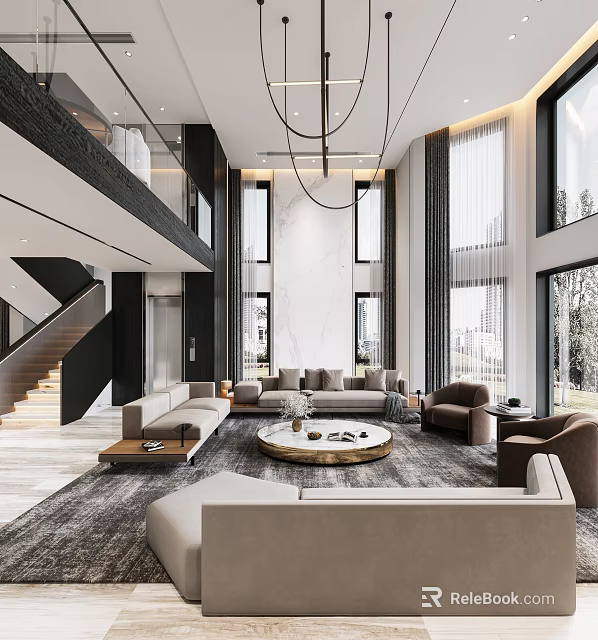 Duplex Living Room With High Ceiling Large Windows Modern Sofa And Round Coffee Table 3d model 
