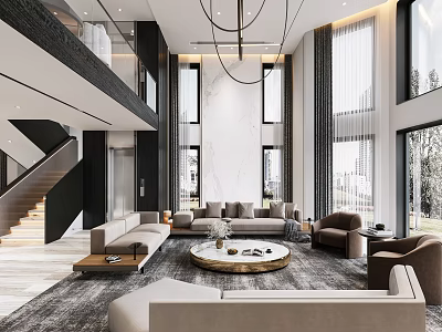 Duplex Living Room With High Ceiling Large Windows Modern Sofa And Round Coffee Table 3d model