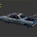 Vintage Rusted Car With Open Hood And Worn Blue Red Paint