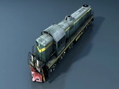 Vintage Dark Green Diesel Train With Yellow Stripes And Red Front 3d model