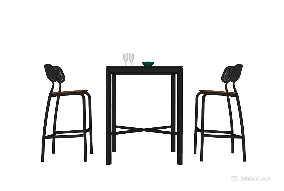 Black Bar Counter With Two High Chairs Wine Glasses And Green Bowl 3d model 