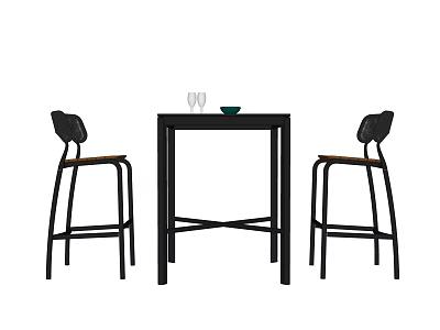 Black Bar Counter With Two High Chairs Wine Glasses And Green Bowl 3d model