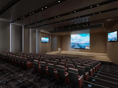 Spacious Conference Room Interior With Rows Of Seats Podium Large Screen And TV Screens 3d model
