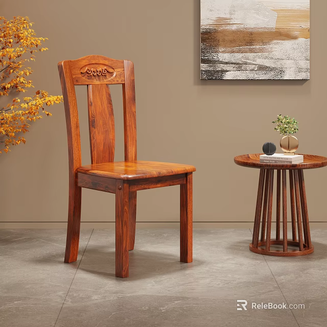 Solid Wood Dining Chair With Carved Backrest And Round Side Table In Light Room 3d model