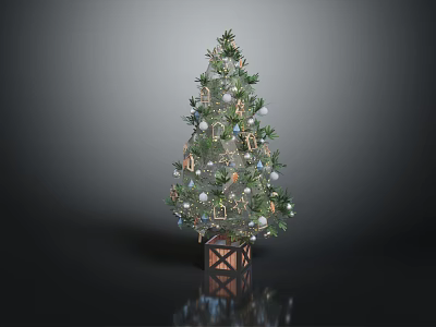 Decorated Christmas Tree with Small Ornaments White Blue Balls on Wooden Crate Base Dark Background 3d model