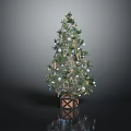 Decorated Christmas Tree with Small Ornaments White Blue Balls on Wooden Crate Base Dark Background