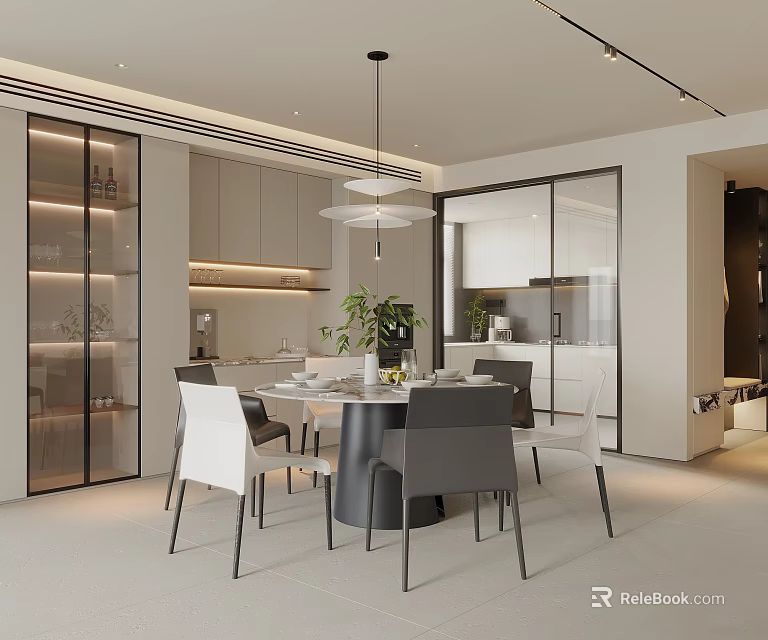 Modern Dining Room Interior With Round Table Gray White Chairs Pendant Light And Open Kitchen 3d model 