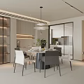Modern Dining Room Interior With Round Table Gray White Chairs Pendant Light And Open Kitchen