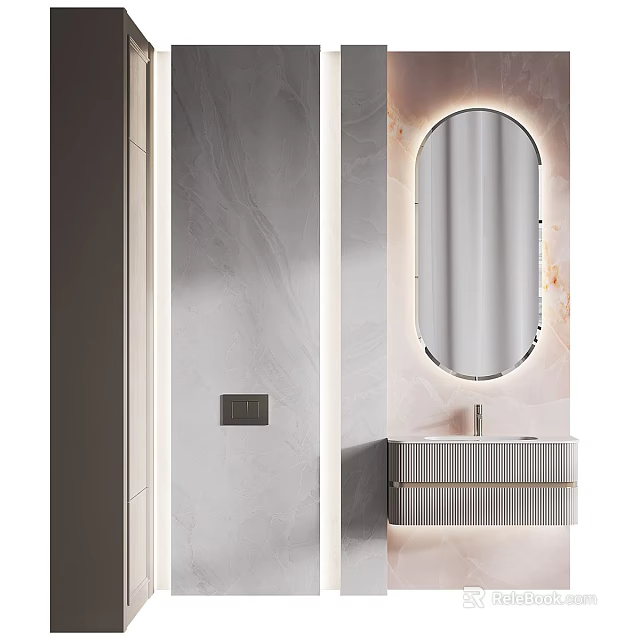 Modern Bathroom Vanity With Backlit Oval Mirror Striped Cabinet And Marble Wall 3d model 