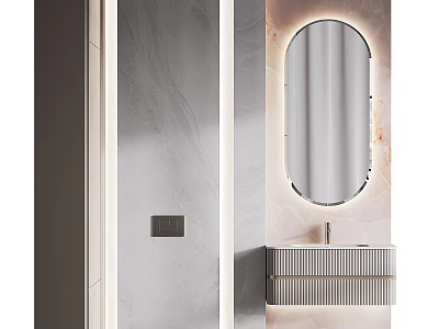 Modern Bathroom Vanity With Backlit Oval Mirror Striped Cabinet And Marble Wall 3d model