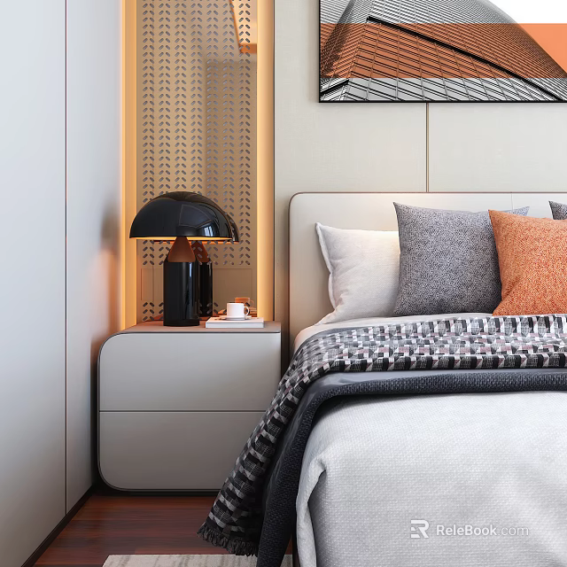 Double Bed with White Gray Orange Pillows Black Lamp on Nightstand and Decorative Wall Art 3d model 