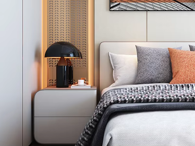 Double Bed with White Gray Orange Pillows Black Lamp on Nightstand and Decorative Wall Art 3d model