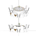 Round Dining Table Set with White Chairs Bow Decorations Tableware and Flower Bouquet 3d model