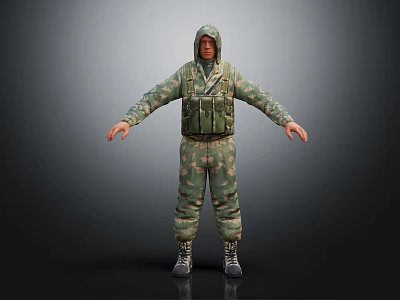 Hooded Character In Camouflage Uniform With Green Tactical Vest Arms Outstretched On Dark Background 3d model