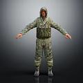 Hooded Character In Camouflage Uniform With Green Tactical Vest Arms Outstretched On Dark Background